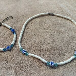 #3A - SALE! White and Blue Flower Shell Beaded Necklace and Bracelet Set